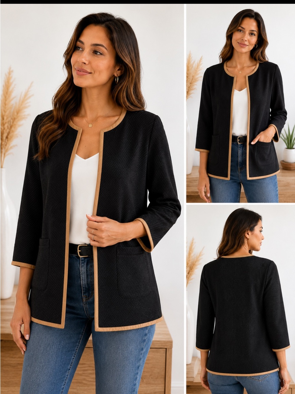 Talbots Black Quilted Collarless Jacket with Tan Trim size 12p office career